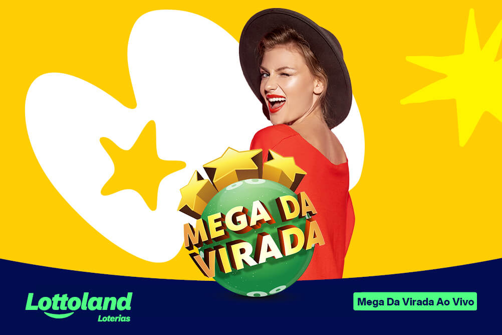 Mulher de chapéu sorrindo sob fundo amarelo. Lottoland Loterias apresenta os sorteios ao vivo da Mega da Virada a partir de 2021.