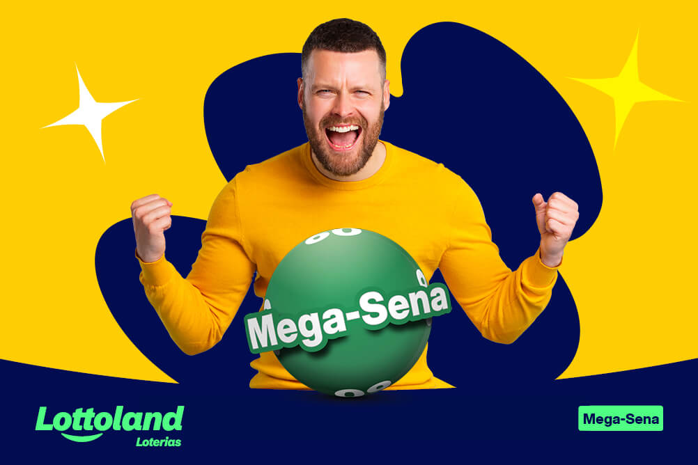 Homem vestido de amarelo celebrando as economias do valor da aposta na Mega Sena online.