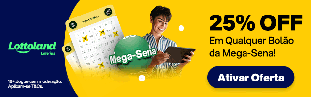 Banner promocional da Lottoland Loterias anunciando desconto especial de 25% Off para apostas na Mega-Sena. A imagem destaca a promoção de forma visual e chamativa.