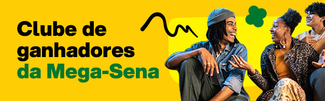 Banner anunciando clube de ganhadores da Mega Sena. Grupo de amigos conversa animadamente.