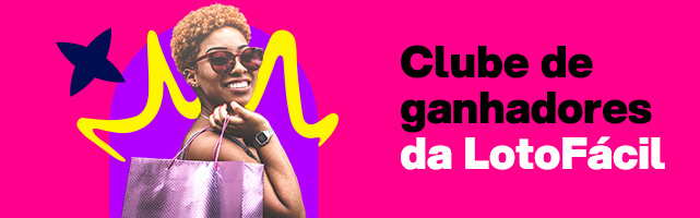 Banner anunciando os ganhadores da Lotofácil. Mulher celebra com bolsas de compra.
