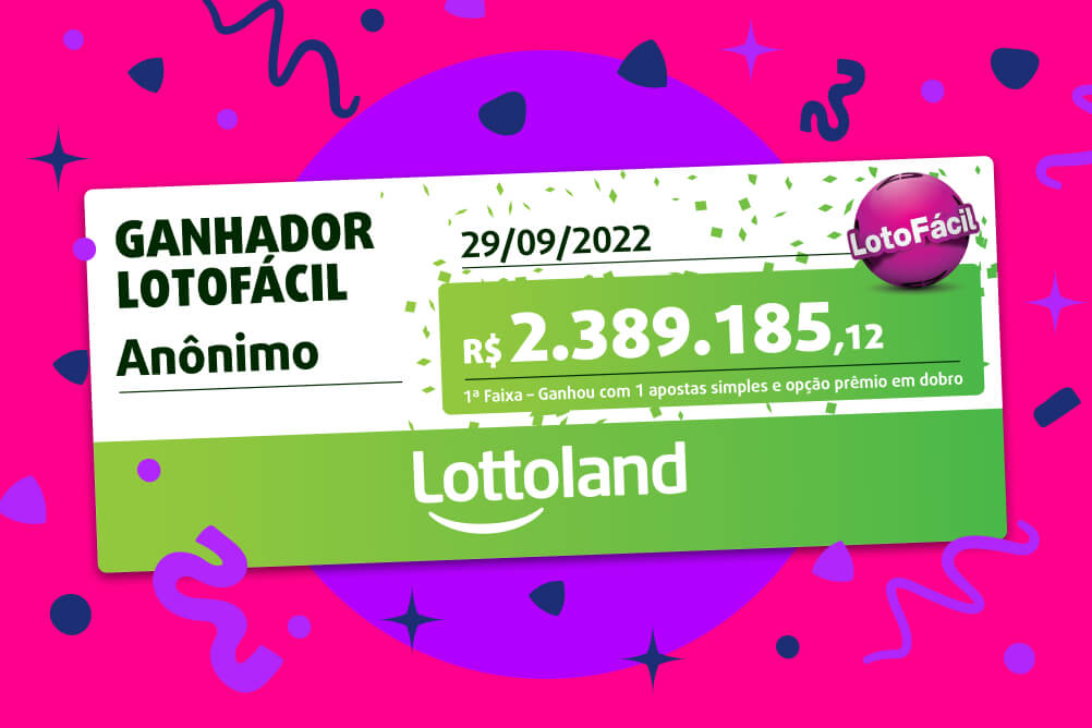 Cheque no valor de mais de 2,3 milhões de reais ao centro na tela em um fundo rosa choque da Lotofácil. 