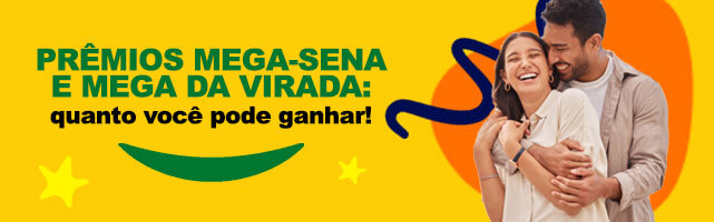 Casal abraçado sorrindo ao lado de texto com destaque para prêmios da Mega-Sena e Mega da Virada.