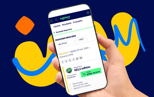 Imagem de uma mão com celular usando aplicativo da Lottoland Loterias para conferir resultados da Mega-Sena.