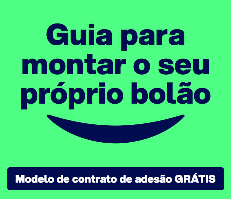 Banner verde-neon com escritos em azul-escuro "Guia para montar seu próprio bolão" e em caixa "Modelo de contrato de adesão grátis".
