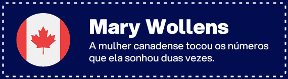 Banner sobre May Wollens ganhadora de loteria que sonhou com um bilhete de aposta preenchido com os números da sorte.