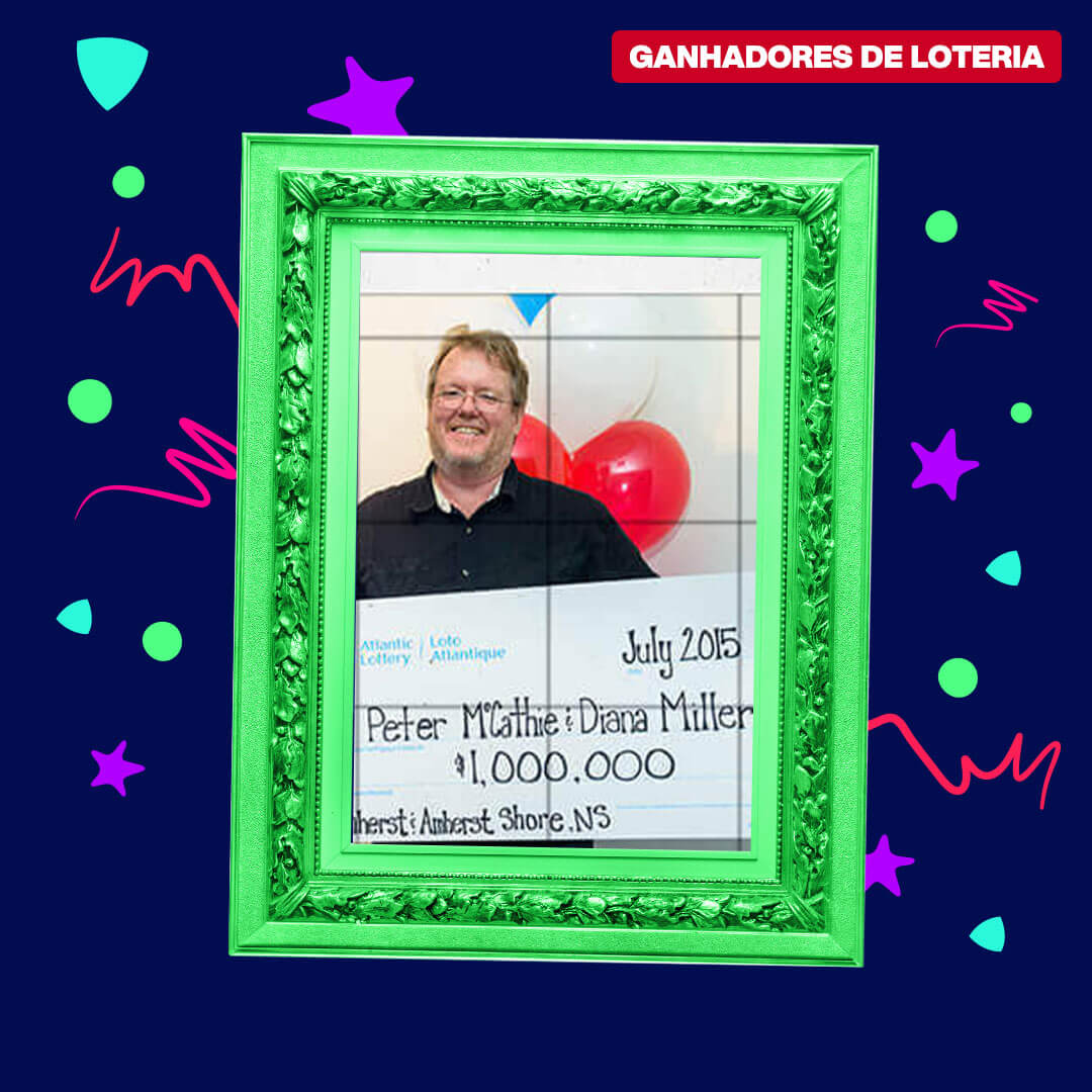 Moldura em verde-neon sob fundo azul-escuro. Na moldura a foto de Peter McCathie com o cheque de loteria.