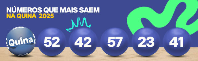 Banner com fundo estampado de azul, logo do sorteio da Quina e os cinco números que mais saem no sorteio regular da Quina em 2025: 52, 42, 57, 23, 41.